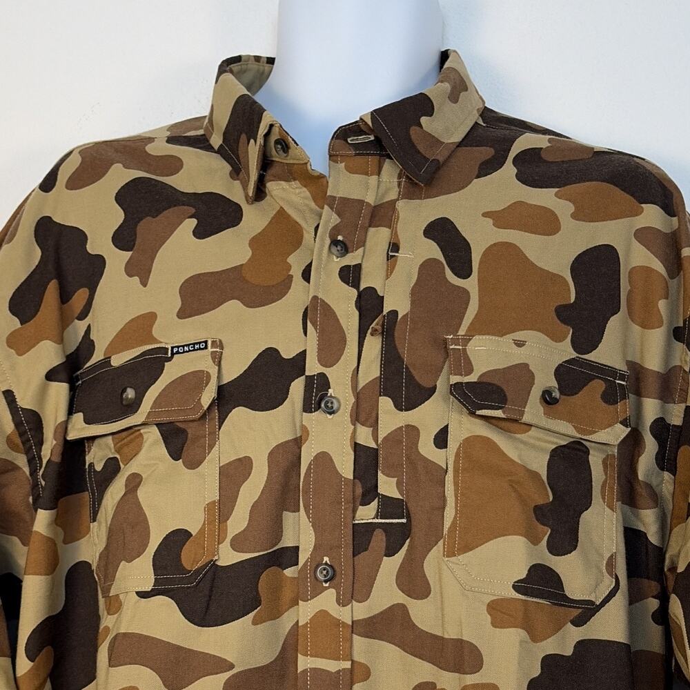 Poncho Men’s XL Brown Tan Camouflage Button-Up Long Sleeve Button-Down Pocket - Picture 2 of 6